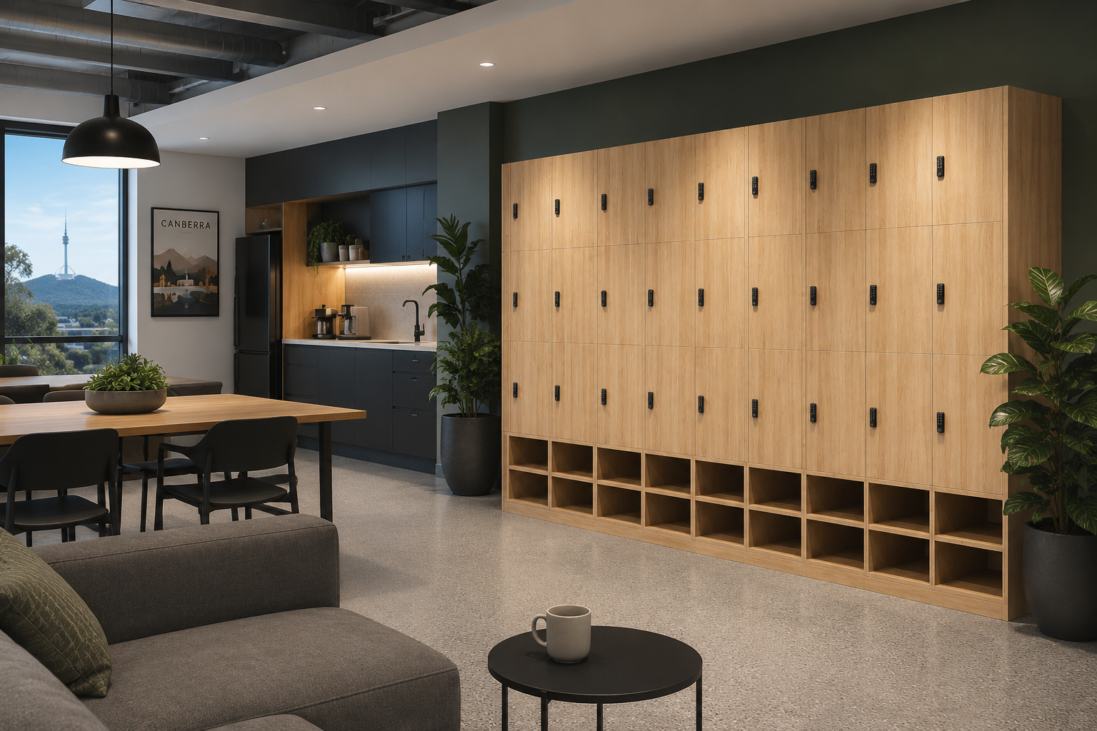 Melamine lockers in a modern Canberra office break room