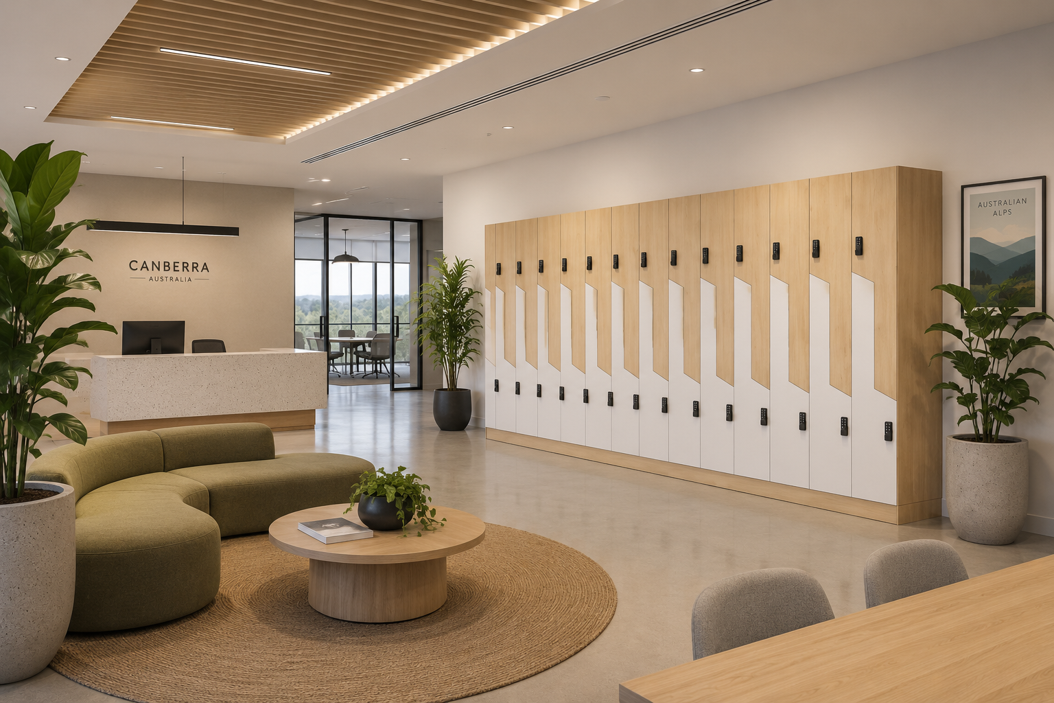 How To Choose The Right Type Of Office Locker For Your Workplace – Aurora Office Furniture Melamine lockers in a modern office reception area in a Canberra office